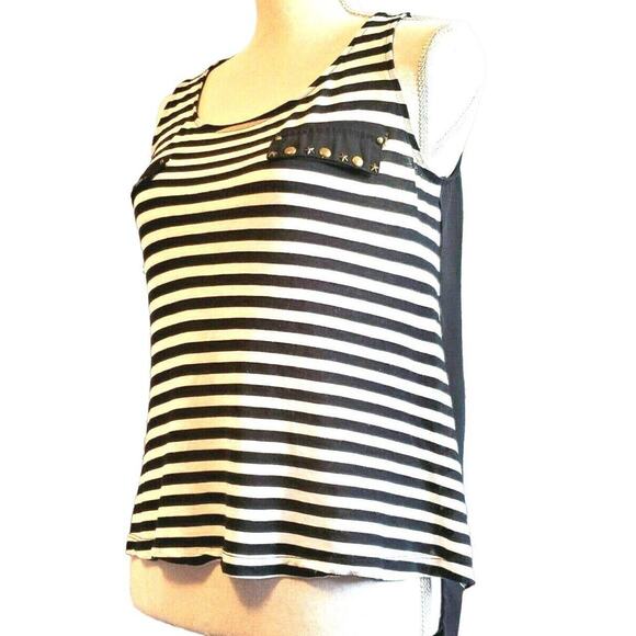 E Hanger Tops - Black & White Tank Size S Nautical Sea Theme Grommets Hi Lo Sheer Back Cruise